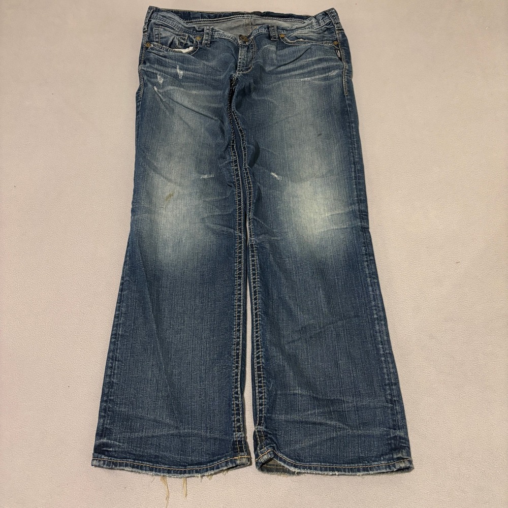 Silver Jeans Co Gordie Loose Fit Mens Jeans 38x32 Blue Denim Distressed grunge